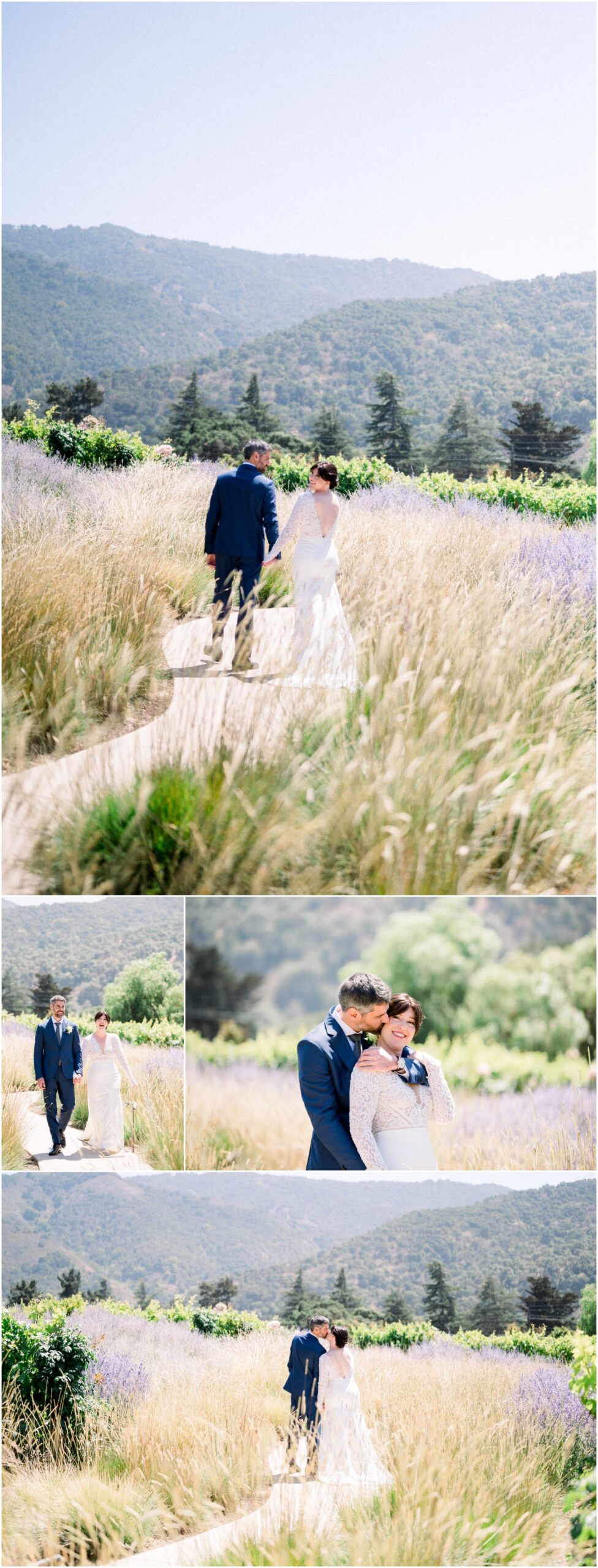 Bride and groom in path of lavender with hills behind them