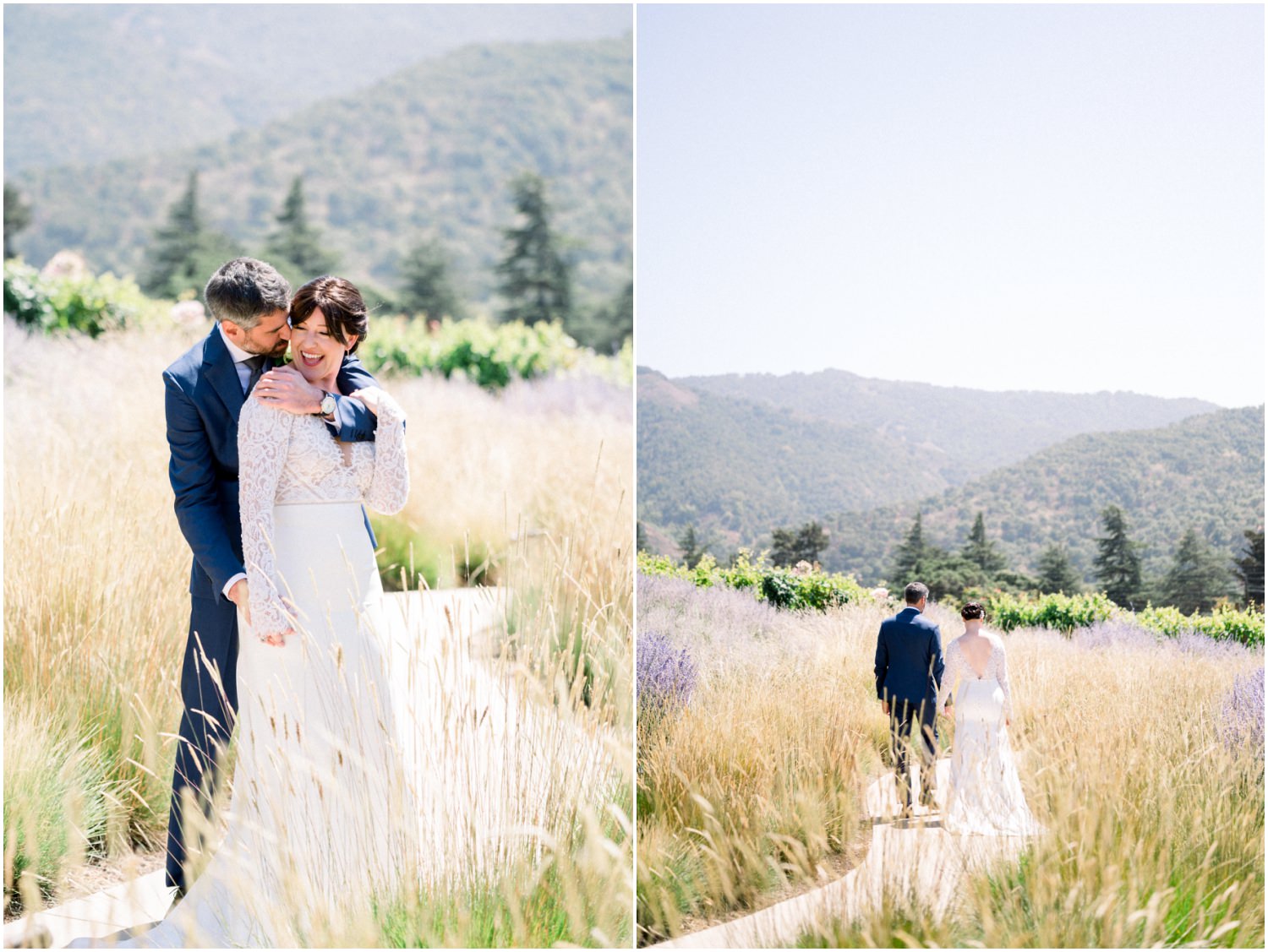 Bride and groom in front of hills