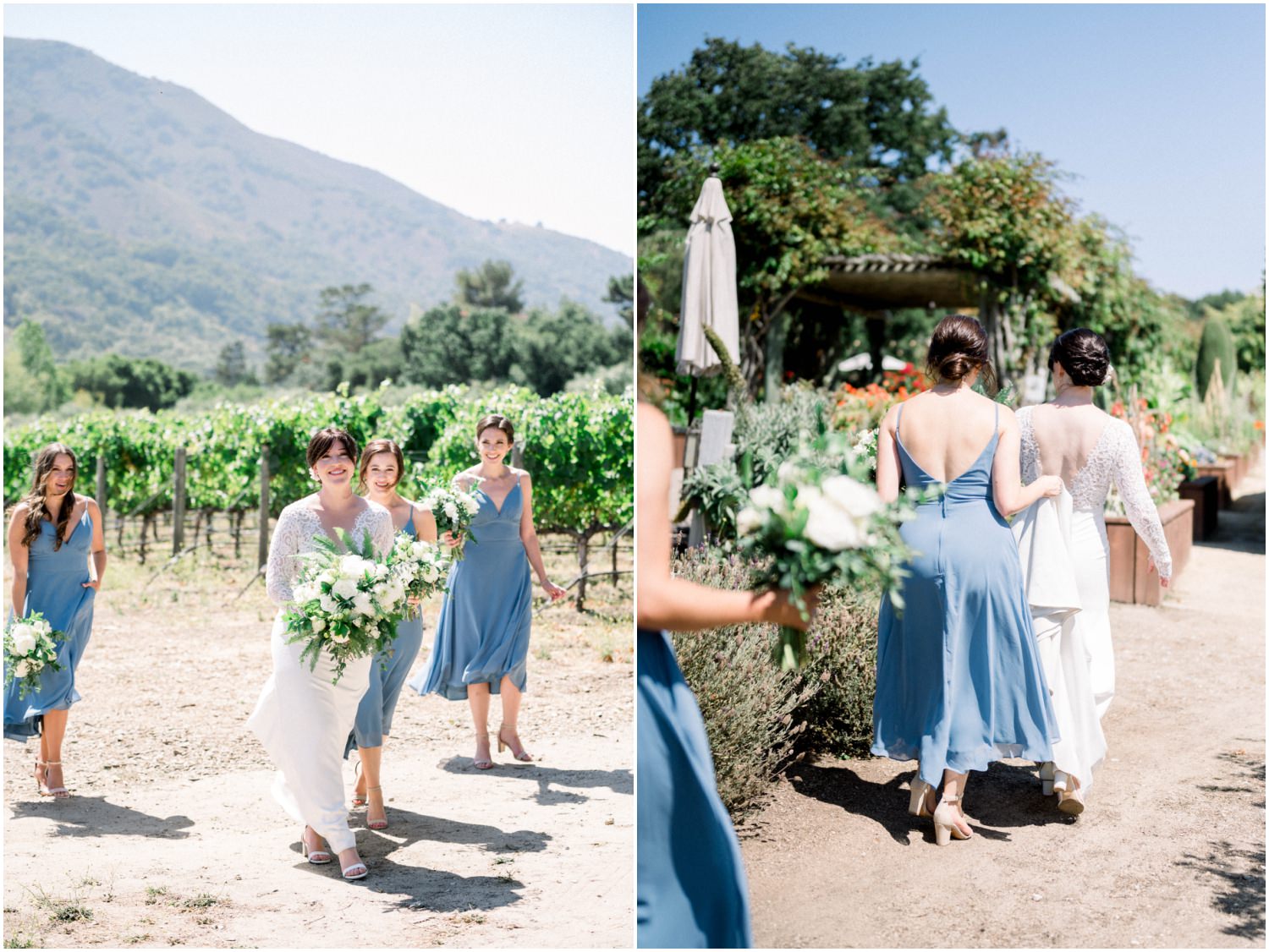 bridesmaids in cornflower blue helping bride walk