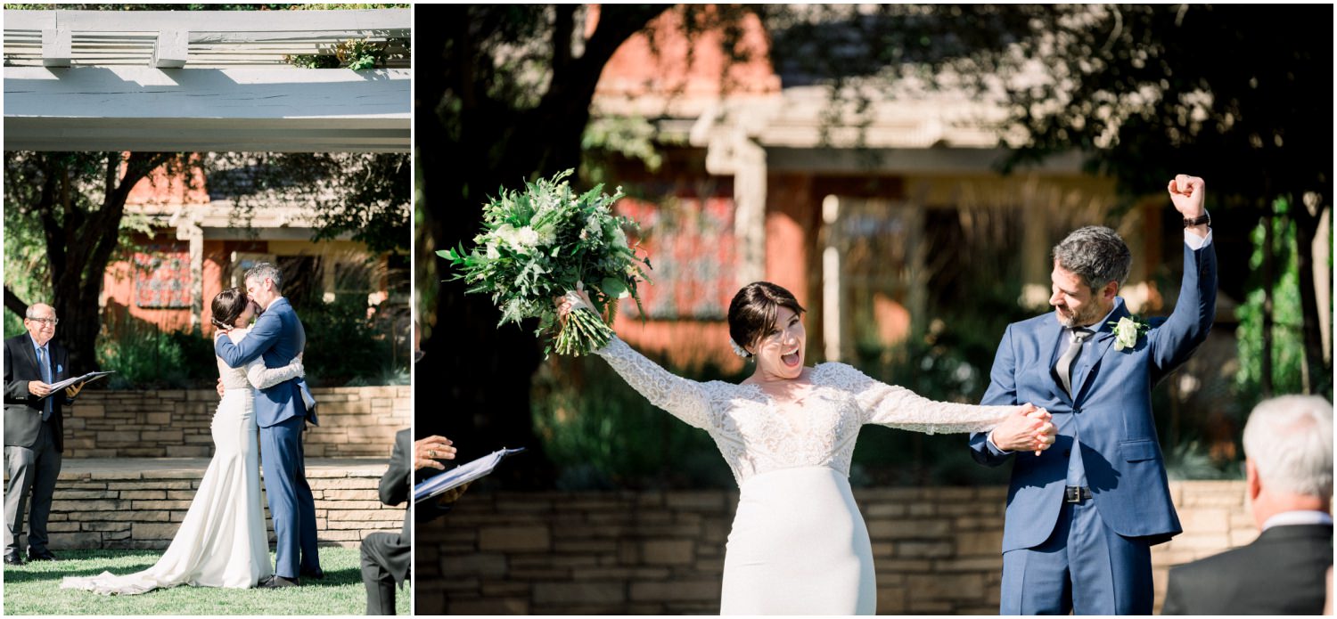 Bride and groom kissing and then cheering