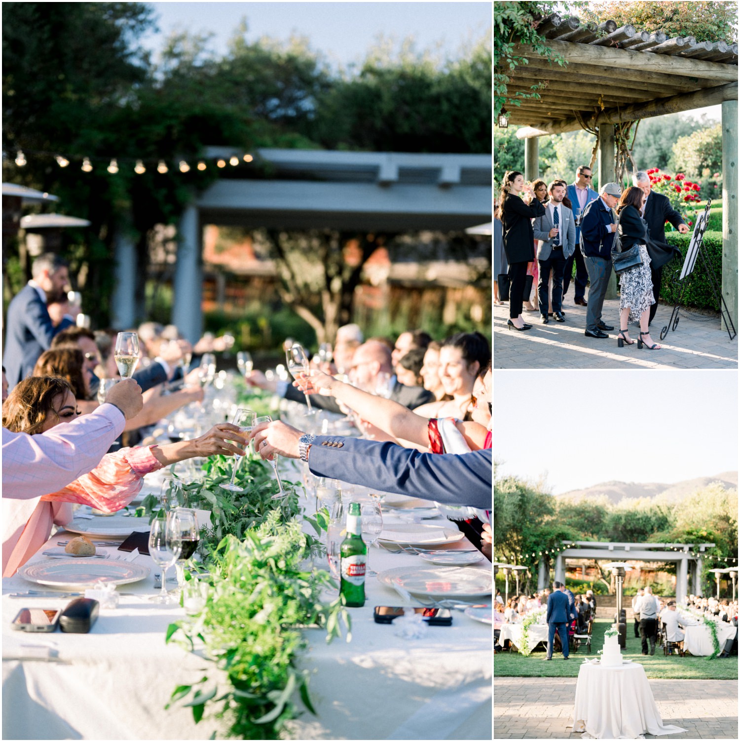 Collage of wedding guests eating dinner and toasting at bernardus wedding