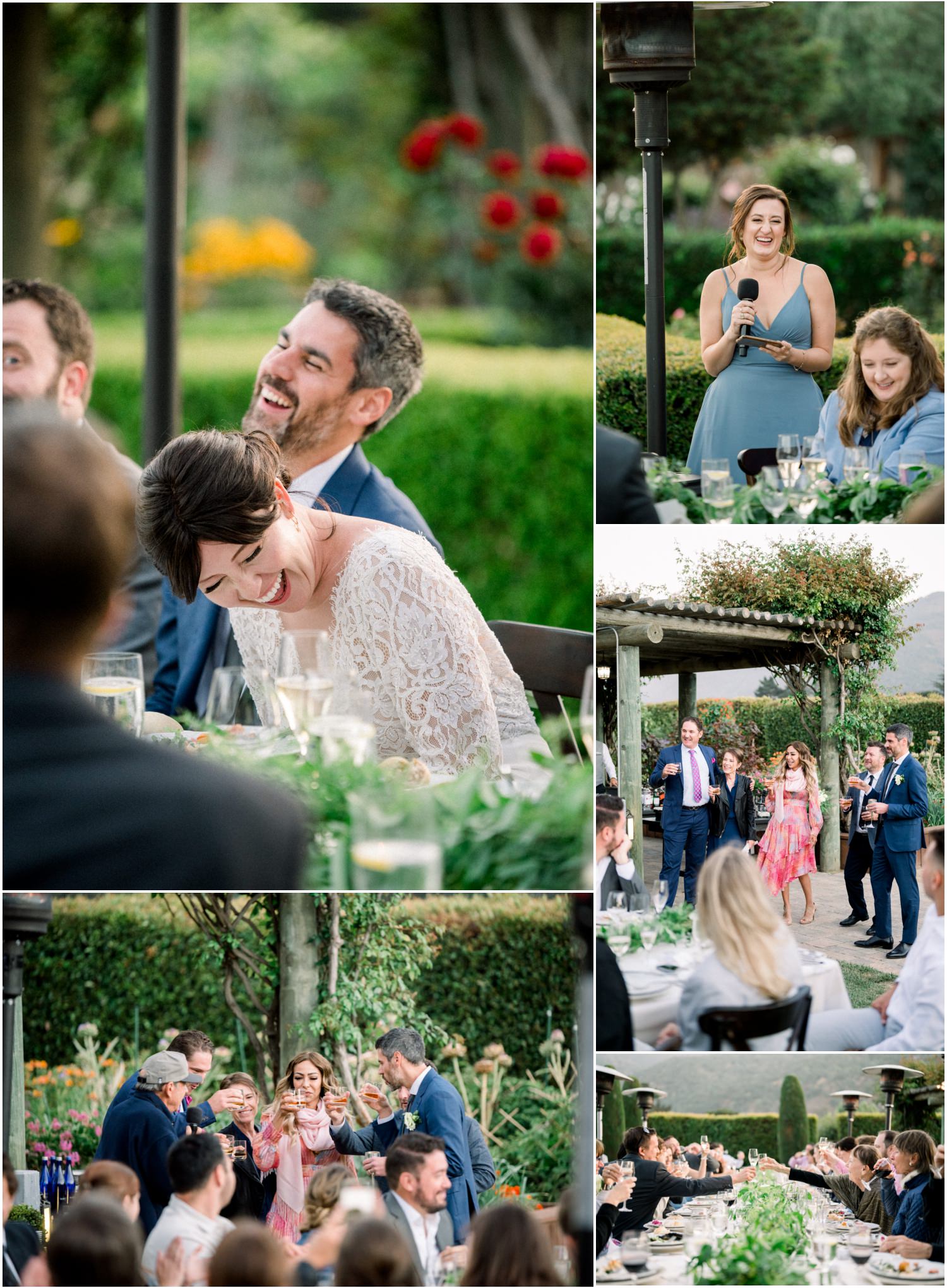 collage of guests during dinner and toasts laughing at bernardus